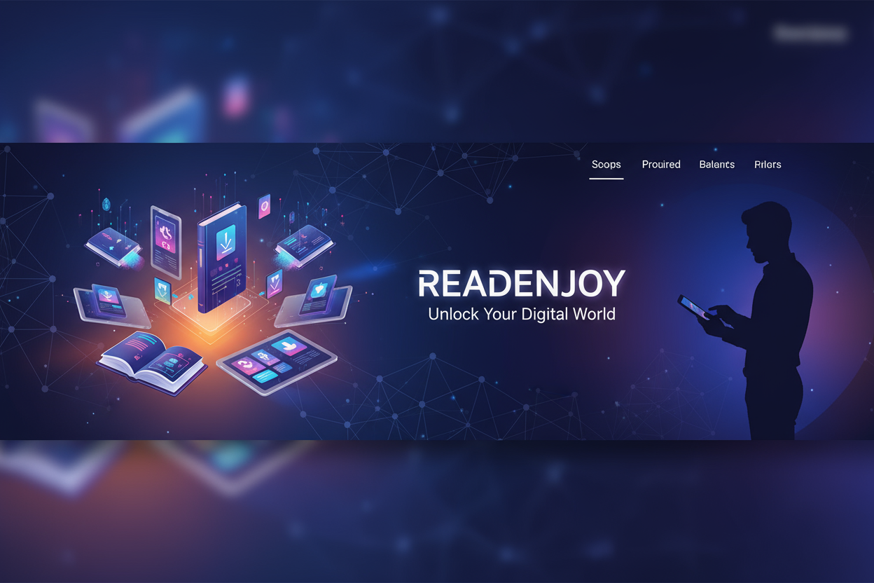 we sell digital product, brand name - readenjoy, use my logo, give a attractive cover image that suit for my website, also the cover image should be in my primary color.